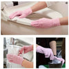 Hands wearing pink nitrile cleaning gloves performing tasks like cleaning a toilet and washing dishes.