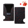 A black carbon fiber slim card wallet with a slot for a card and a decorative pattern of red flakes.