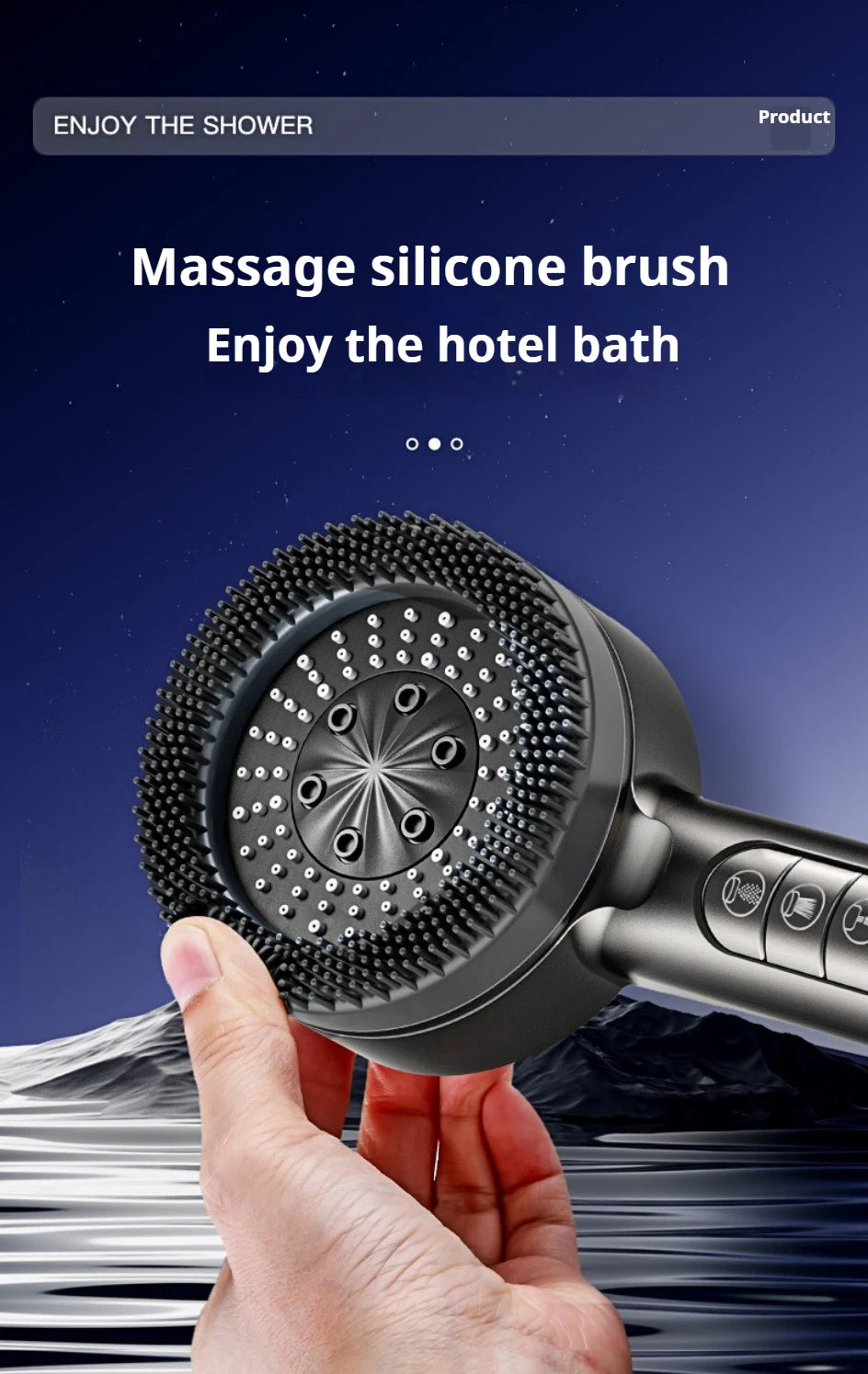 A hand holds a massage silicone brush shower head against a dark blue background.