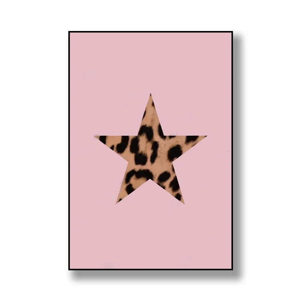 Rosa Leinwand-Wandkunst mit schwarzem Leoparden-Cheetah-Print-Stern-Design.