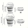 Two sizes of collapsible water buckets, M and L, shown with dimensions.