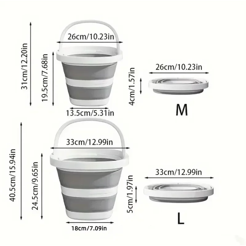Two sizes of collapsible water buckets, M and L, shown with dimensions.