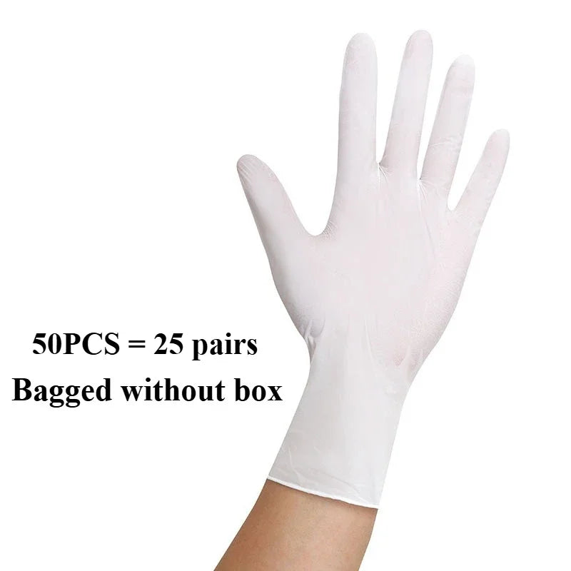 A hand wearing a white heavy-duty nitrile disposable glove, with text indicating 50 pieces equal to 25 pairs bagged without a