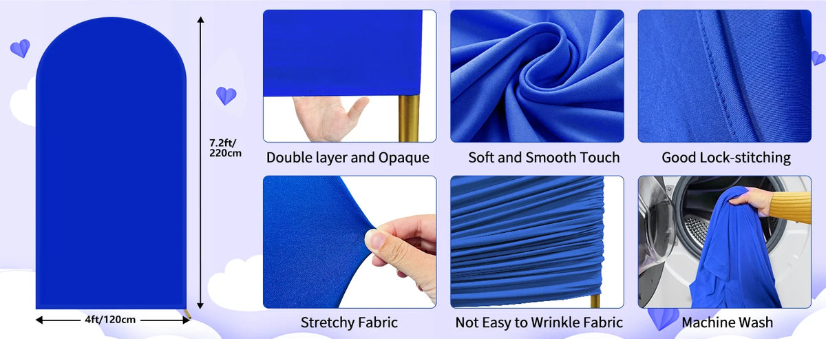 A blue stretchy fabric arch backdrop shown in various textures and features like double layer, soft touch, good lock-stitchin