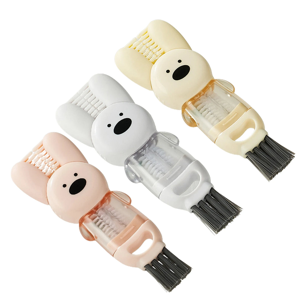 A set of four portable cleaning brushes for cups and bottles, featuring bear-shaped heads in white, cream, and pink.