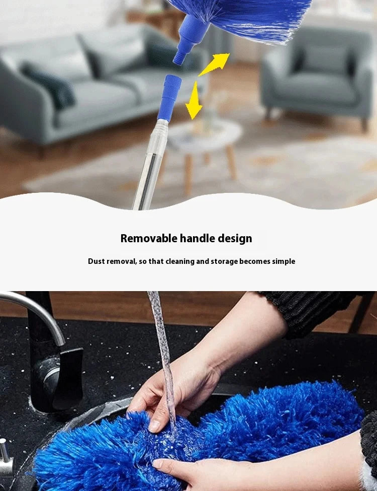 A hand is using a blue, fluffy duster to clean a surface.