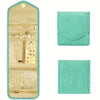A foldable waterproof jewelry organizer bag in light beige and teal colors showing interior and exterior versions.