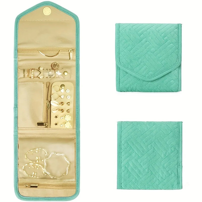 A foldable waterproof jewelry organizer bag in light beige and teal colors showing interior and exterior versions.