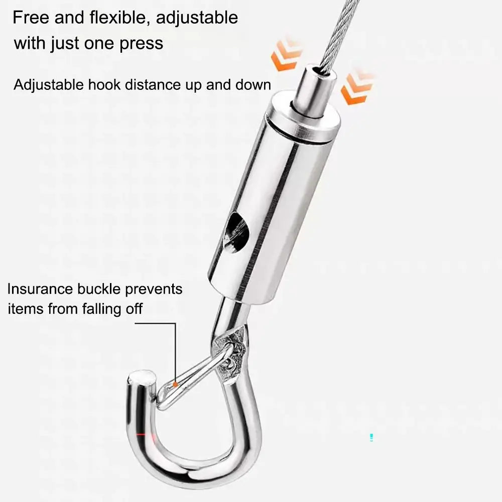 Stainless steel wire rope hanging kit with an adjustable hook distance and an insurance buckle.