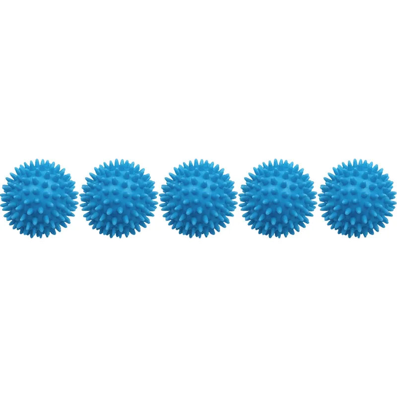 A row of nine blue reusable laundry balls for clothes and machines