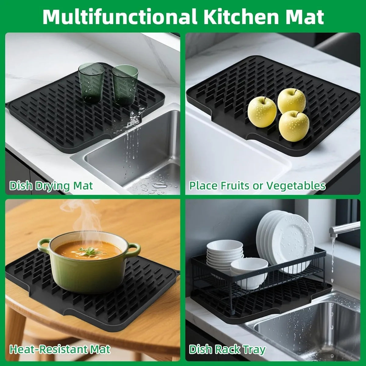 A set of multifunctional kitchen mats including a dish drying mat, a place for fruits or vegetables, a heat-resistant mat, an