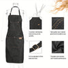 A dark denim tool apron shown on a mannequin with details of pockets, stitching, and adjustable features.