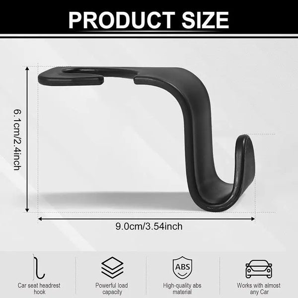 Black universal car headrest storage hooks shown with dimensions and features