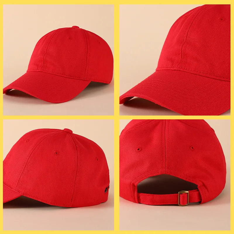 A red customizable cotton baseball cap shown in multiple angles.