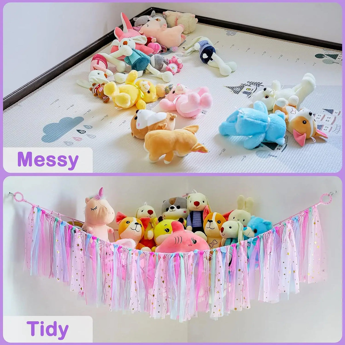 A comparison showing messy and tidy arrangements of pink and yellow stuffed animals.