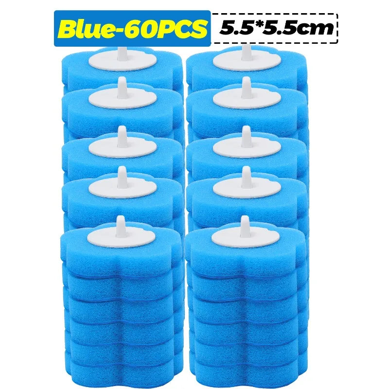 A pack of 60 blue disposable toilet cleaning foam sponges measuring 5.5x5.5cm