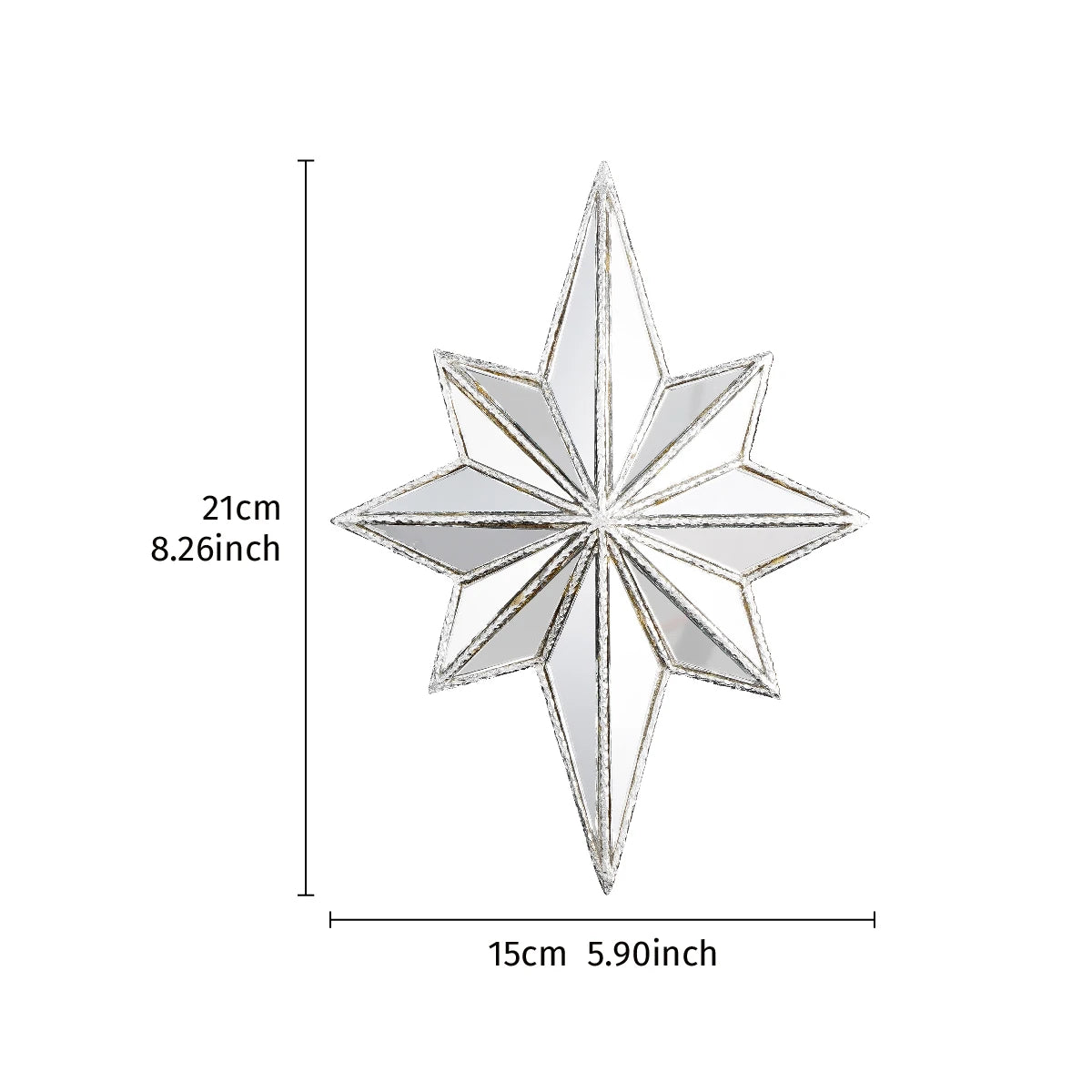 Silberne Harzstern-Wanddekoration mit spitzer Form, 21 cm hoch und 15 cm breit.