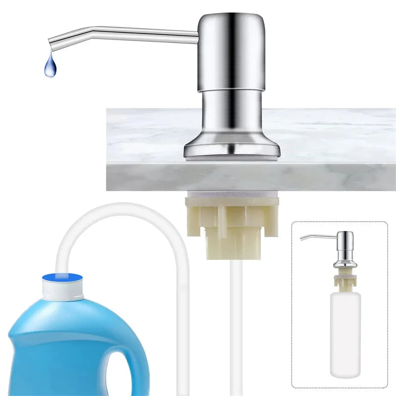Stainless steel liquid soap dispenser pump with a drip and a flexible tube connected to a blue bottle.