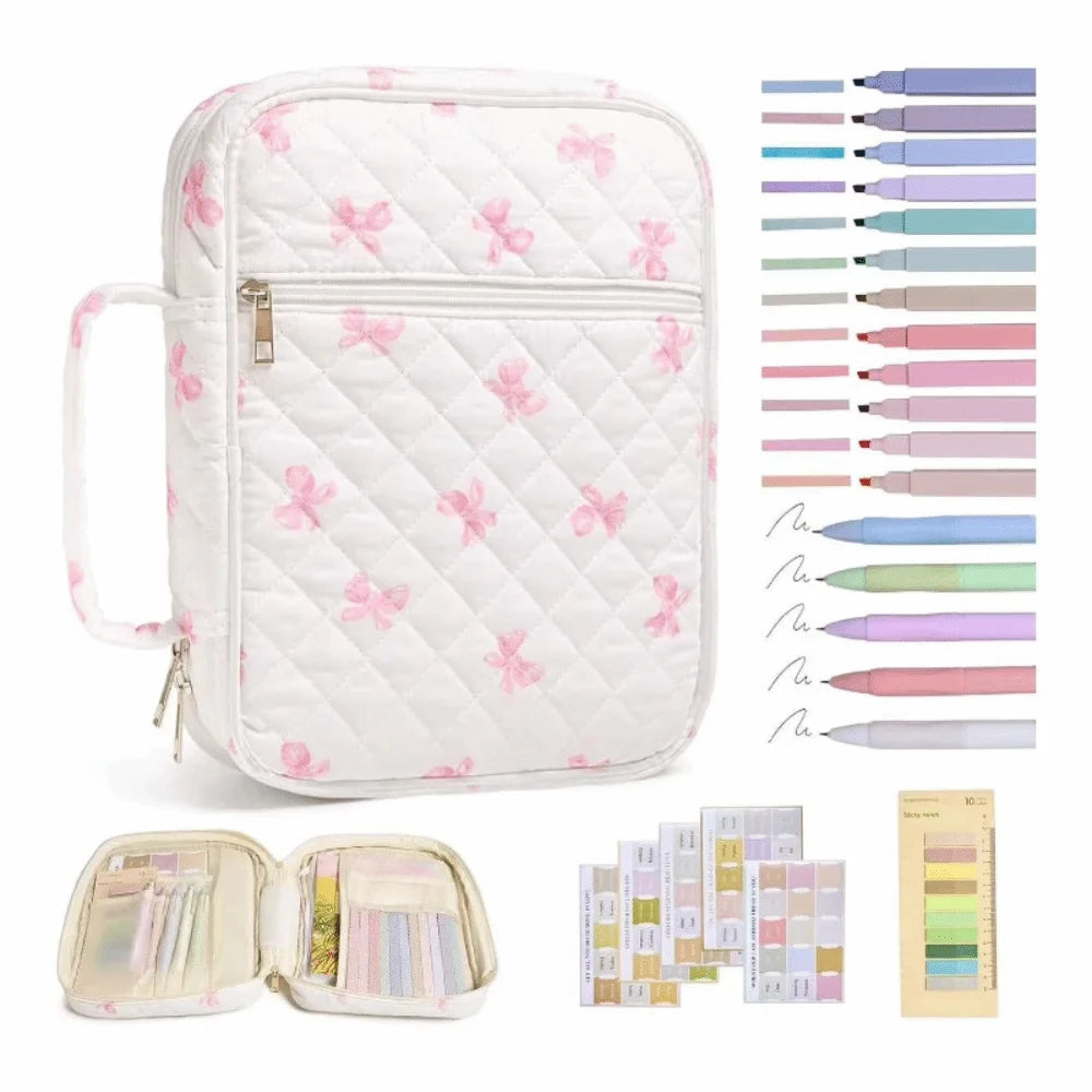 A white floral quilted Bible cover bag with a zipper and handle, shown alongside various colored pencils.