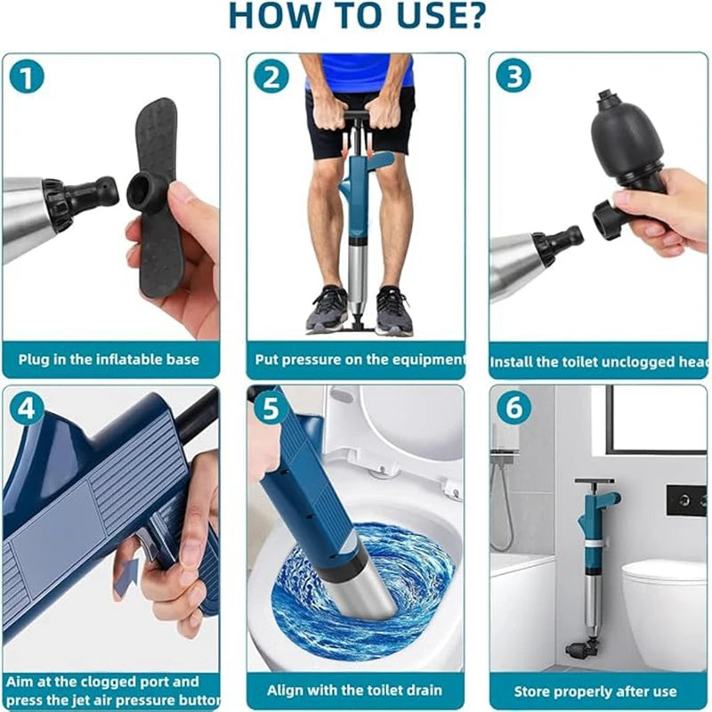 Instructions for using a heavy-duty stainless steel toilet plunger, showing steps for preparation and use.