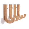 A set of five natural oak wood wall hooks with screws mounted vertically.