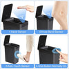 Four views showing the operation of an automatic motion sensor trash can including hand, knee bend, kick touch, and one butto