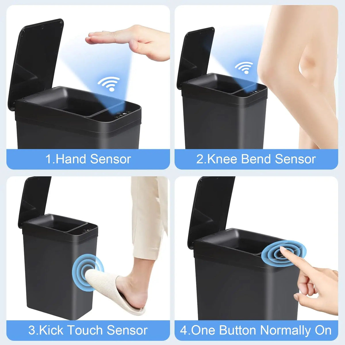 Four views showing the operation of an automatic motion sensor trash can including hand, knee bend, kick touch, and one butto