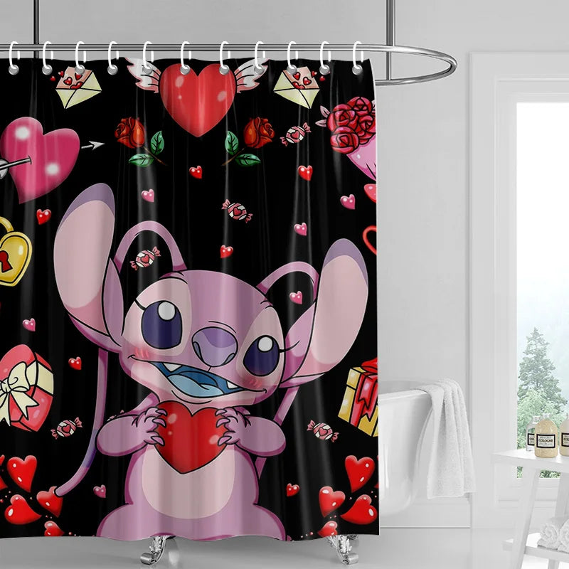 A black shower curtain featuring a pink and purple cartoon elephant design with a red heart.