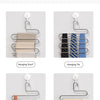 Various clothing items like scarves, ties, belts, and towels are shown hanging on a multi-layer stainless steel rack.