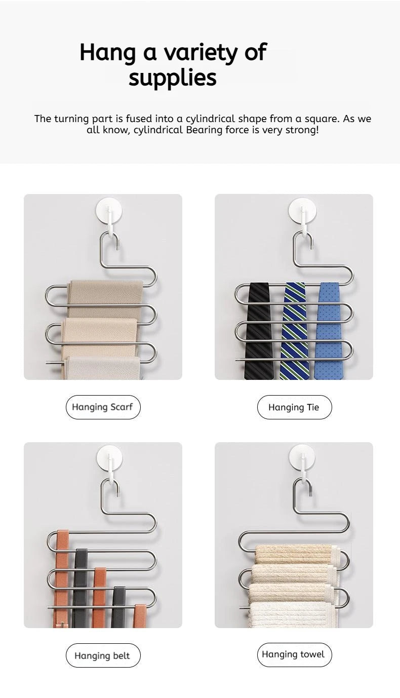 Various clothing items like scarves, ties, belts, and towels are shown hanging on a multi-layer stainless steel rack.