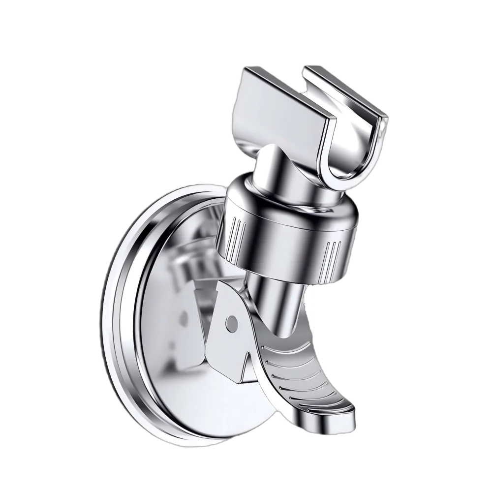 A chrome No-Drill Adjustable Suction Cup shower head holder with a rotating mechanism.
