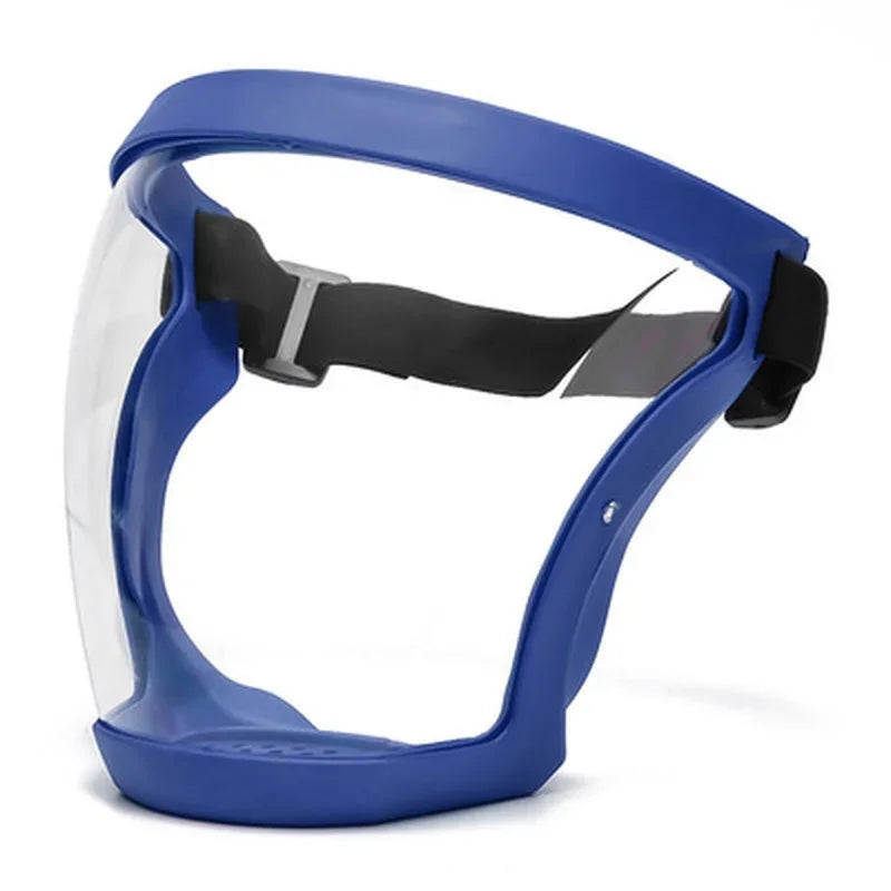 Blue full face anti-splash protective goggles with a clear lens and black strap.