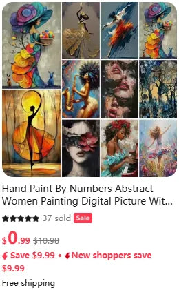 A collage of nine abstract paintings featuring women in various styles and colors.