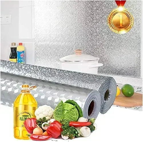 A roll of self-adhesive aluminum foil kitchen wall sticker with fresh vegetables and a gold medal hanging above it.