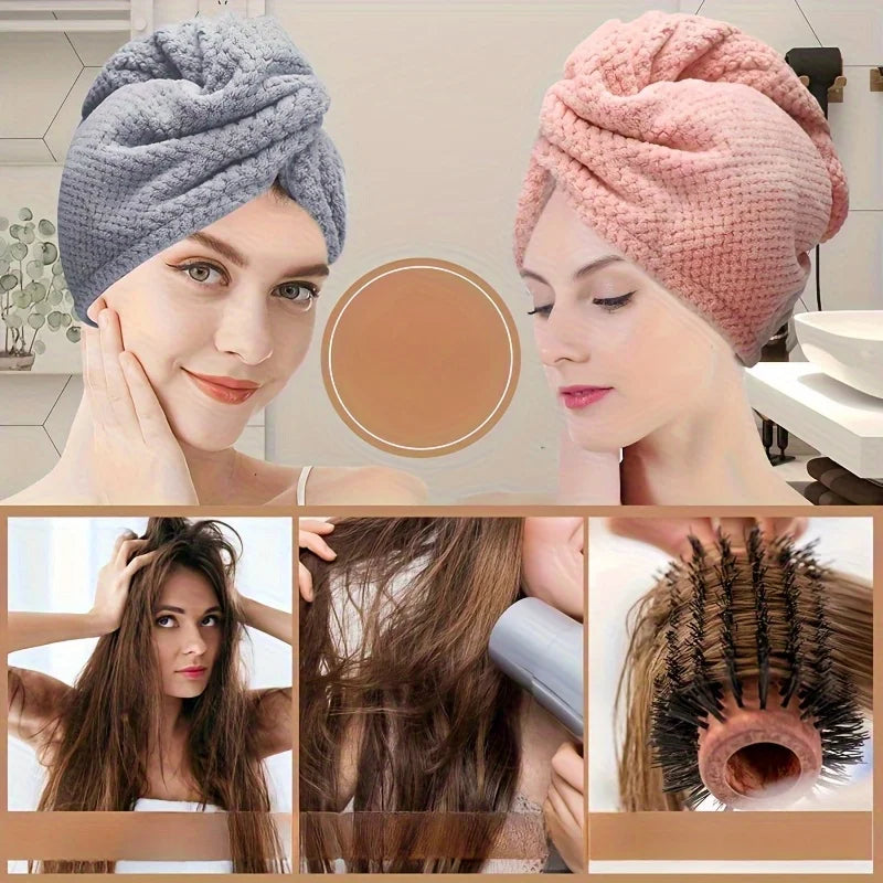 A woman models a pink microfiber hair drying wrap towel, showing its texture and use for drying hair.