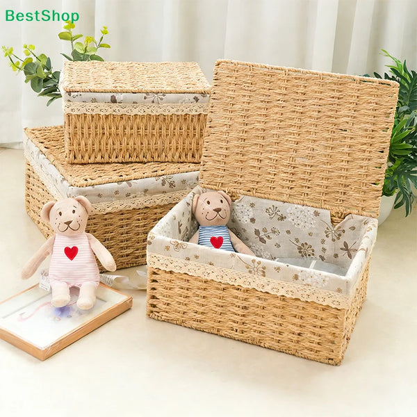 A stack of handwoven rattan storage baskets with a small stuffed bear inside