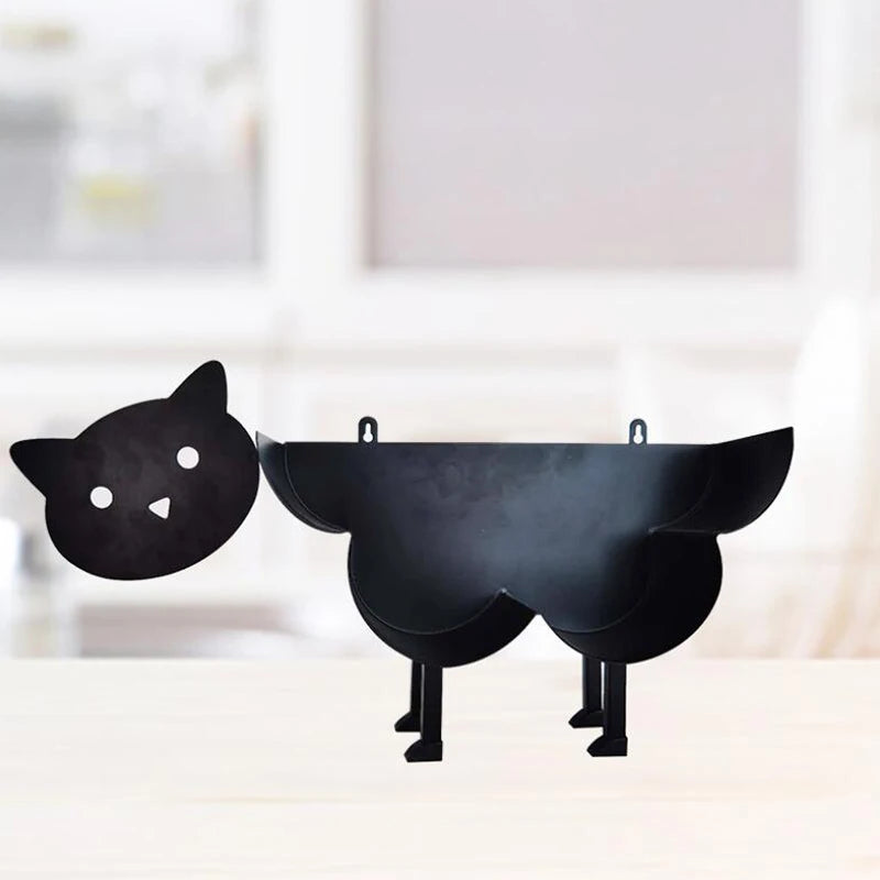 Black novelty animal toilet paper holder and storage rack shaped like a cat