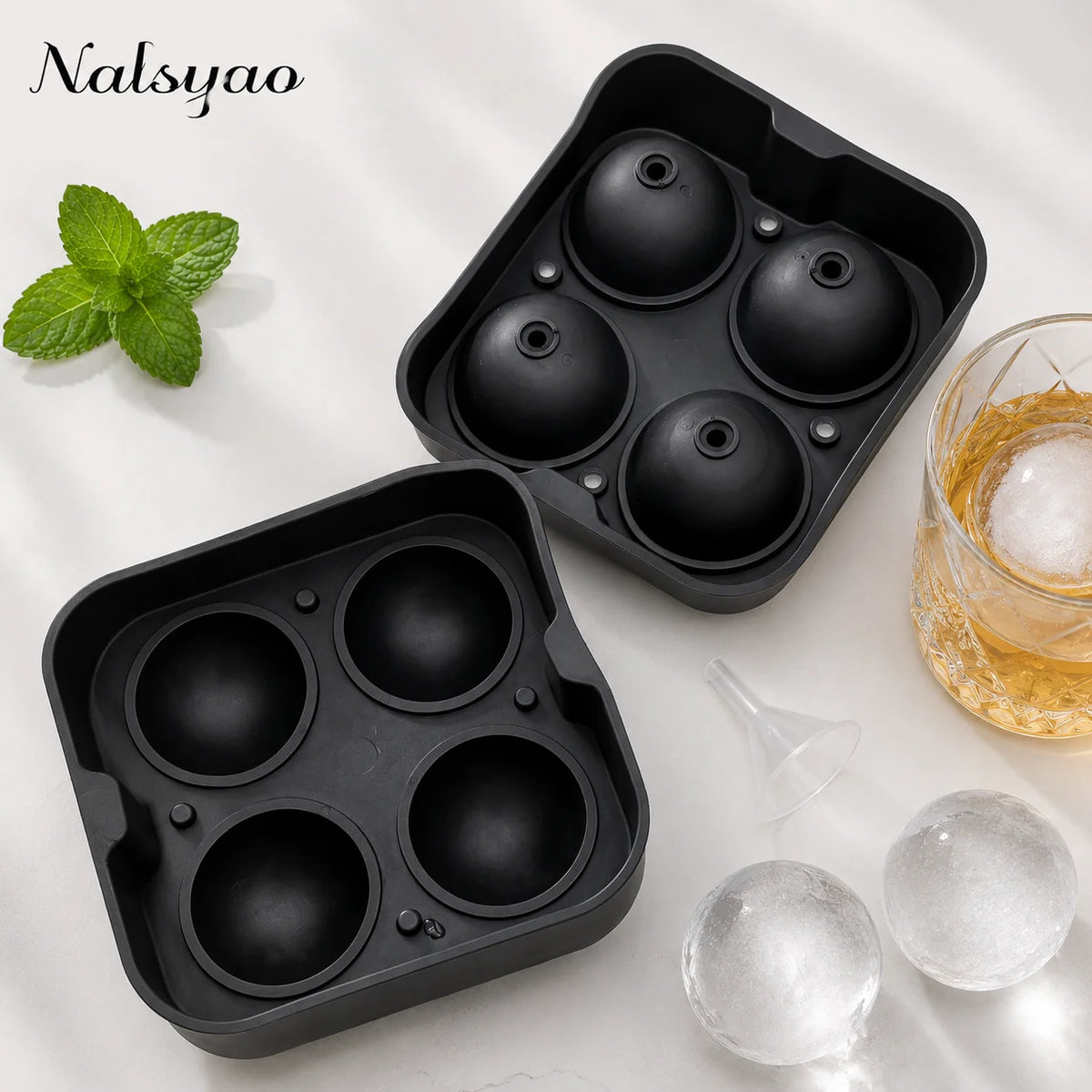 Black silicone sphere ice mold with multiple cavities for whiskey and cocktails
