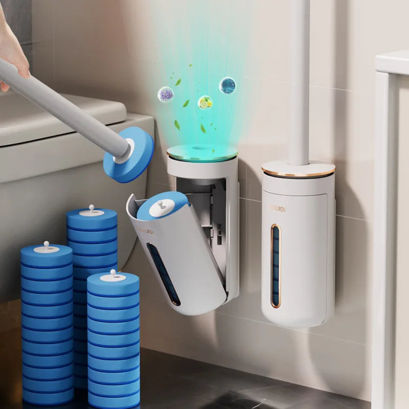 A white toilet brush is shown spraying water onto a surface, next to a set of blue disposable toilet brushes.