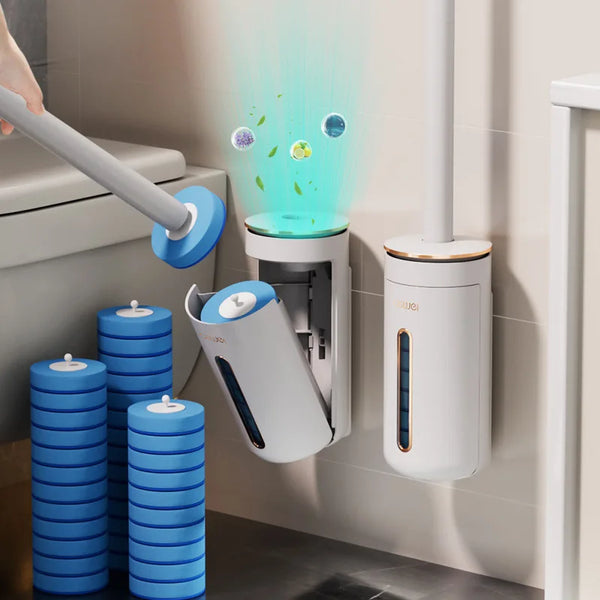A white toilet brush is shown spraying water onto a surface, next to a set of blue disposable toilet brushes.