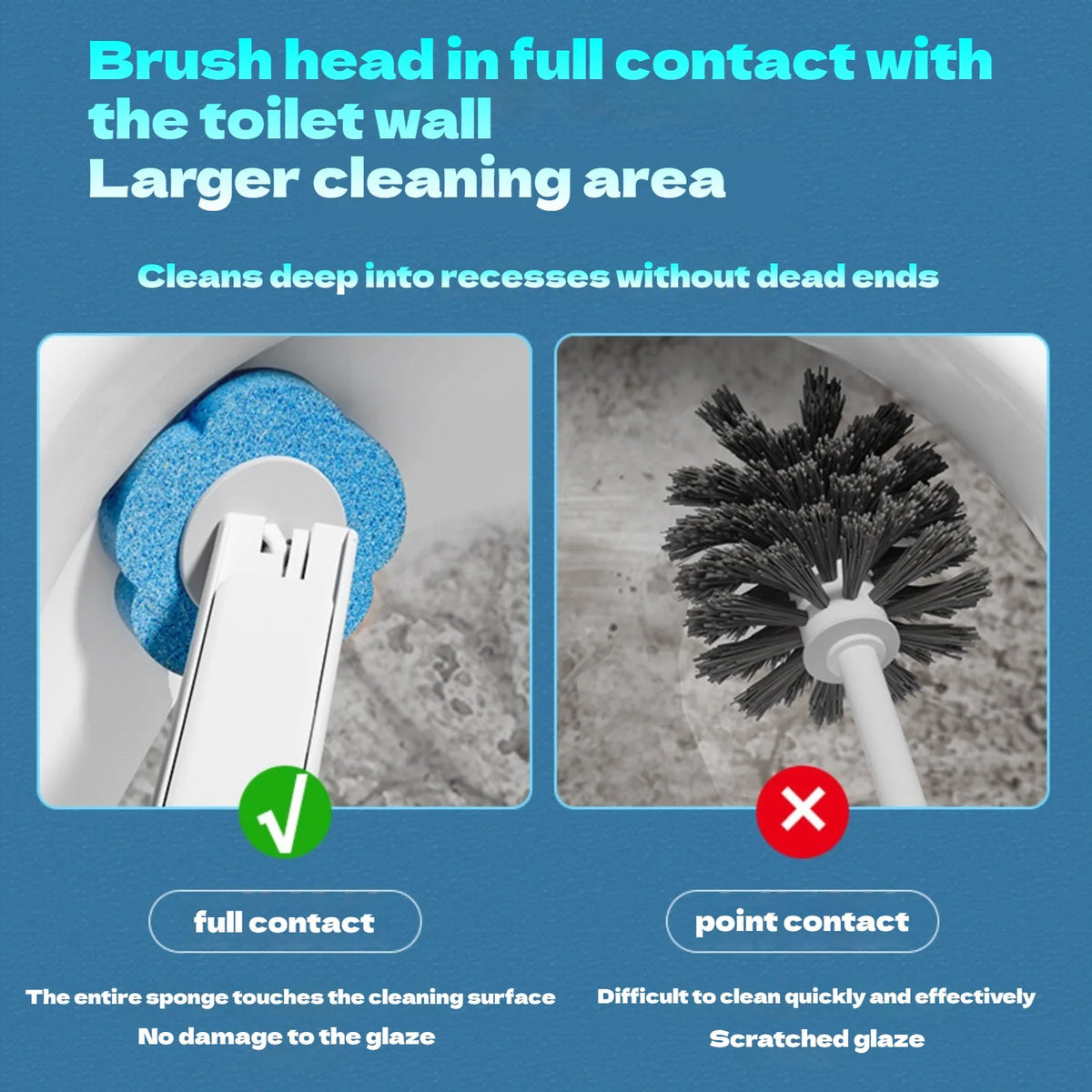 A toilet brush head in full contact with a tile wall demonstrating a larger cleaning area.
