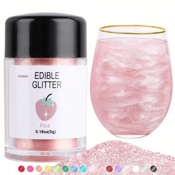A glass of pink glitter drink next to a jar of edible pink glitter powder and various colored glitter pigments.