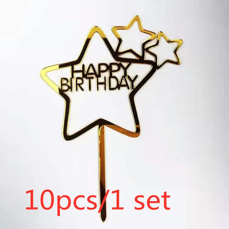 A set of ten gold acrylic birthday star cake toppers on a stick.