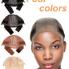 Four colors of adjustable velvet headband wig cap shown with separate color options and a model wearing one.