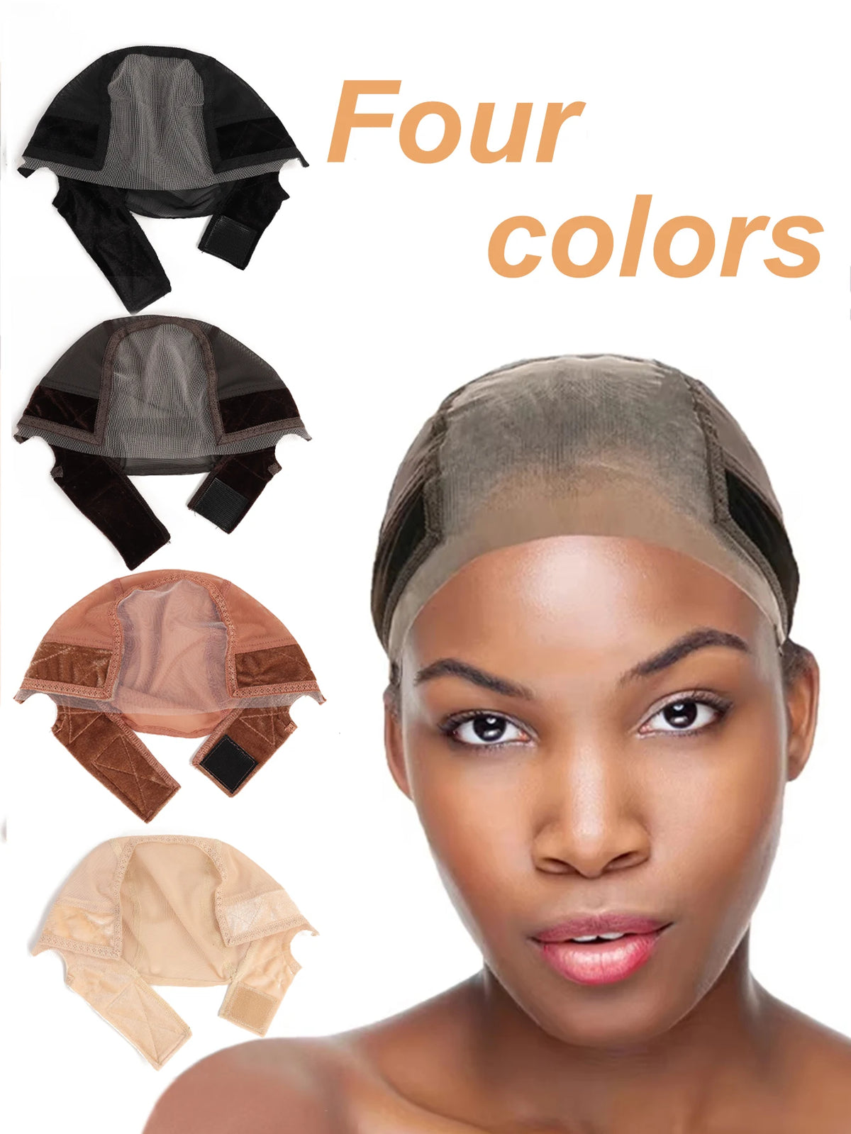 Four colors of adjustable velvet headband wig cap shown with separate color options and a model wearing one.