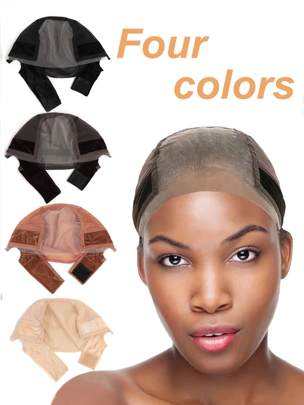 Four colors of adjustable velvet headband wig cap shown with separate color options and a model wearing one.