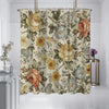 A beige and green retro floral print shower curtain featuring roses and leaves with 12 hanging hooks.