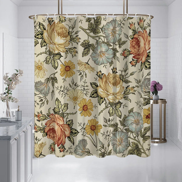 A beige and green retro floral print shower curtain featuring roses and leaves with 12 hanging hooks.