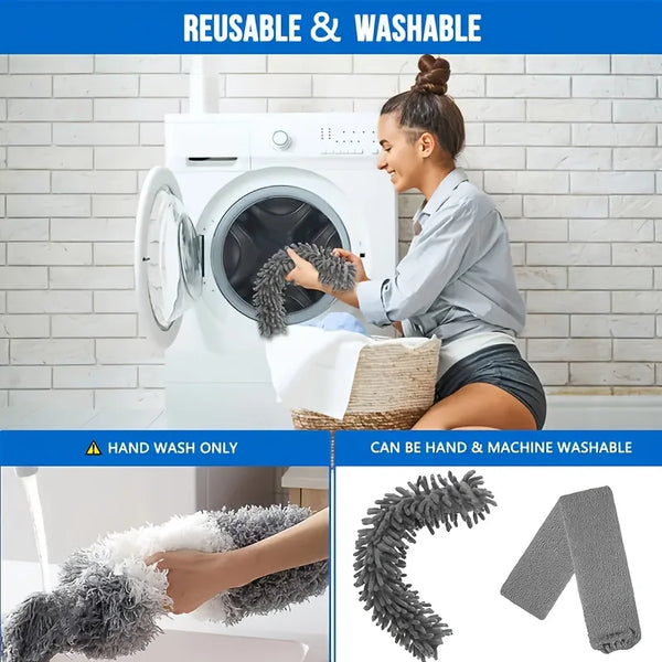 Reusable and washable extendable feather duster set for high cleaning shown next to a washing machine.