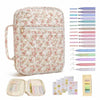 A floral quilted bible cover bag with a zipper and handle, shown next to various colored pens and a palette.